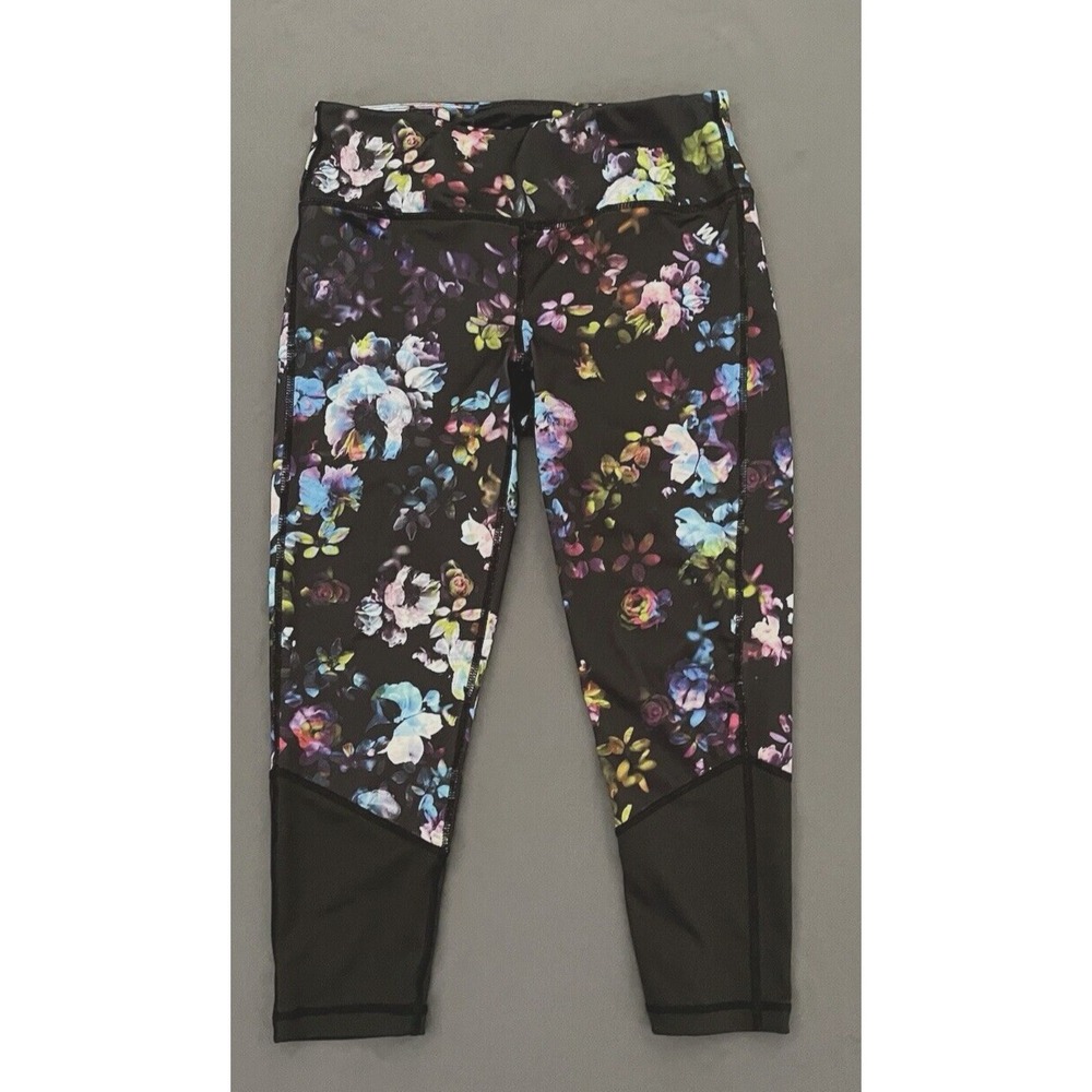Nicole Miller Womens Size Small Black Floral Print Athletic Capri‎ Leggings